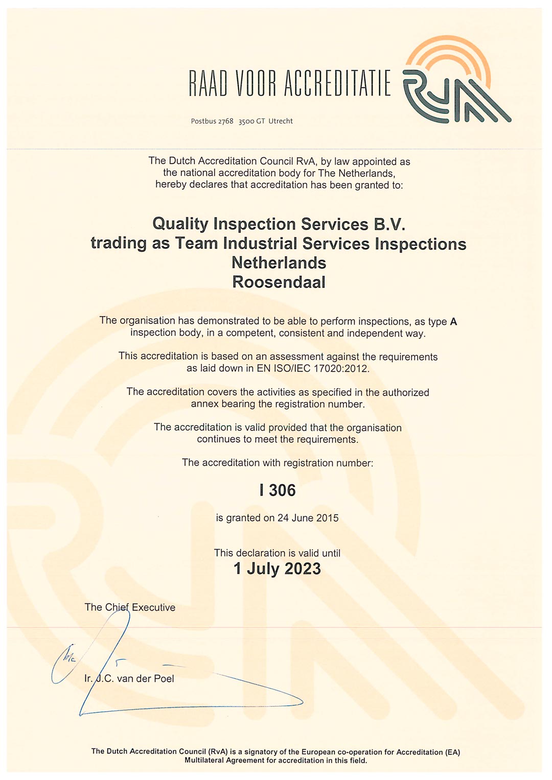 ISO/IEC 17020 | Certificaat | TEAM - Quality Inspection Services